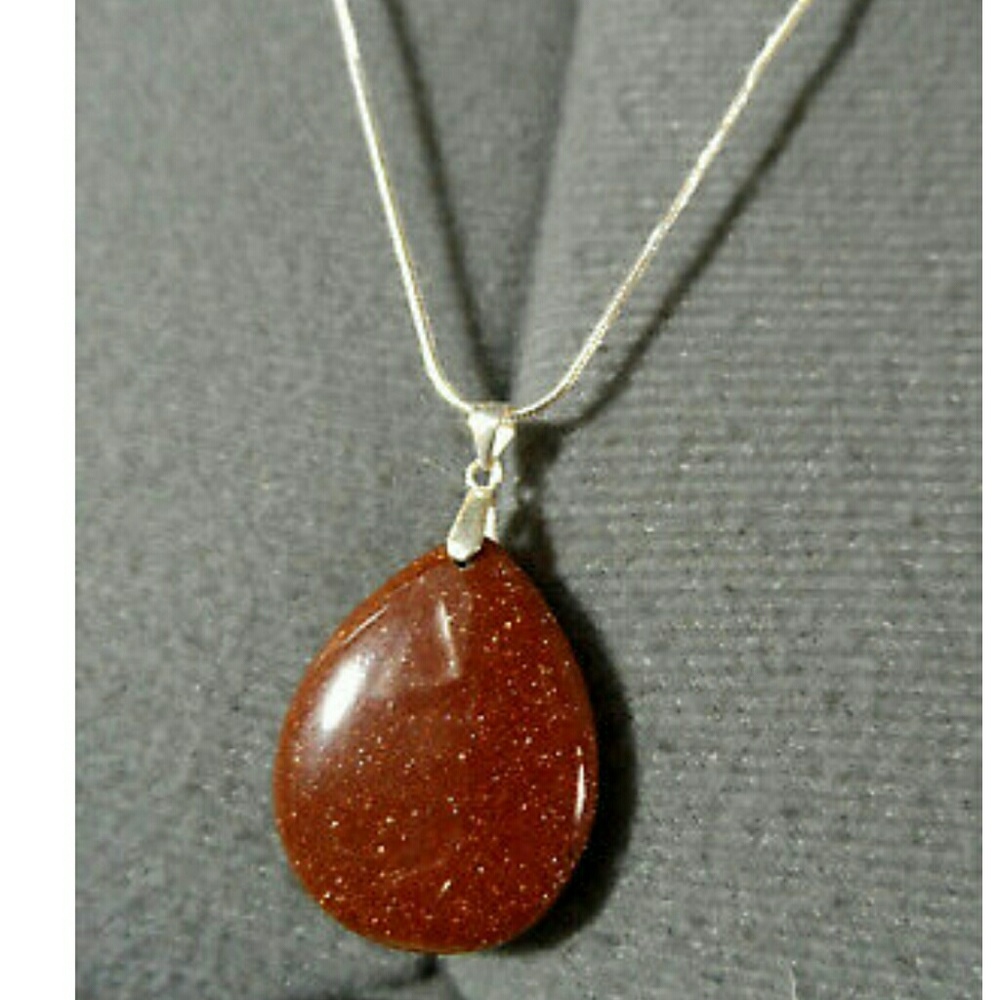 New GOLDSTONE Pendant & Silver Necklace Set 925 Rust Gold flecked jewelry Pretty
